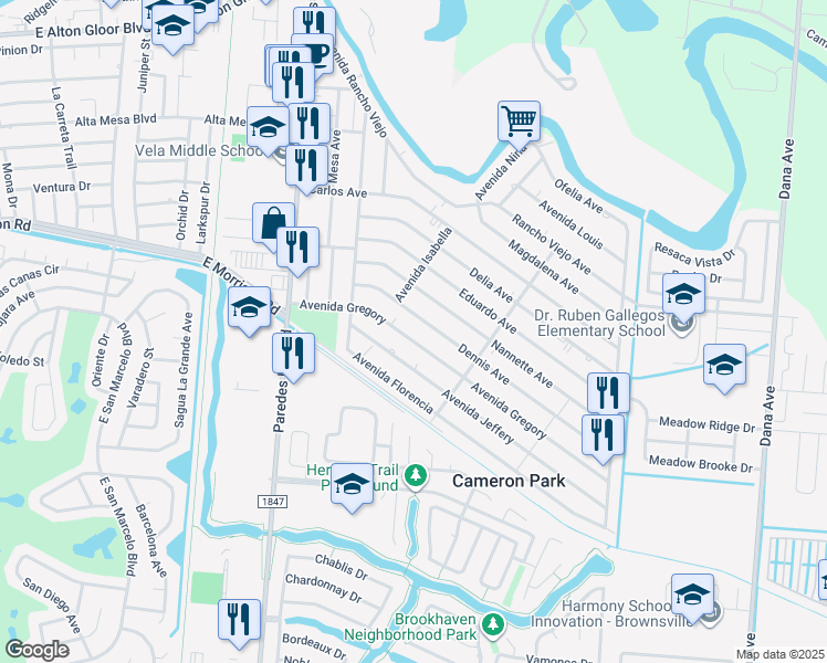 map of restaurants, bars, coffee shops, grocery stores, and more near 2314 Avenida Gregory in Brownsville