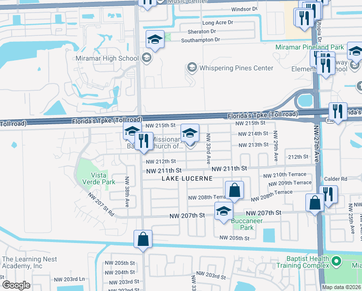 map of restaurants, bars, coffee shops, grocery stores, and more near 3421 Northwest 213th Street in Miami Gardens