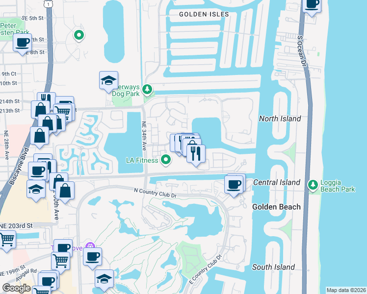 map of restaurants, bars, coffee shops, grocery stores, and more near 3599 Northeast 207th Street in Aventura