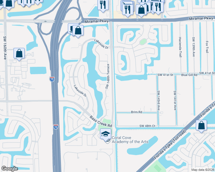 map of restaurants, bars, coffee shops, grocery stores, and more near 14835 Southwest 42nd Court in Miramar