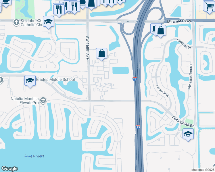 map of restaurants, bars, coffee shops, grocery stores, and more near 4435 Southwest 160th Avenue in Miramar
