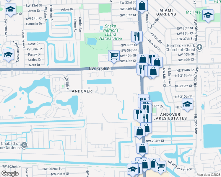 map of restaurants, bars, coffee shops, grocery stores, and more near 455 Northwest 210th Street in Miami