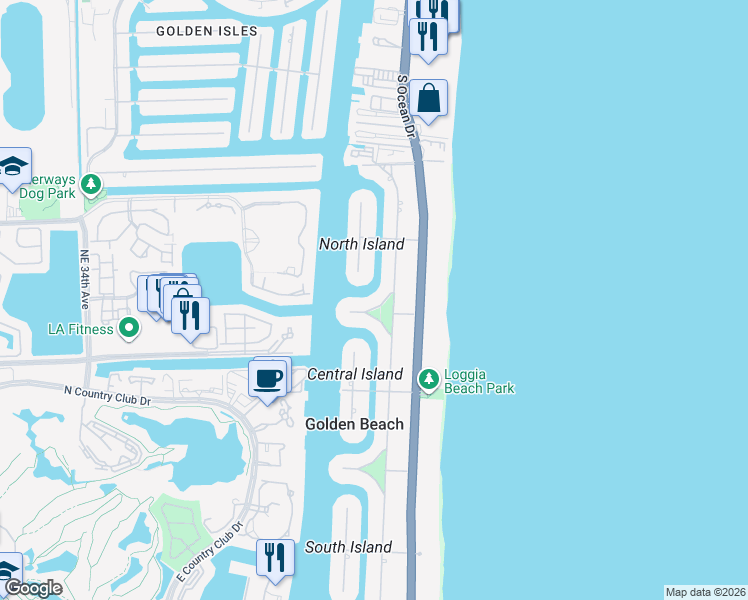 map of restaurants, bars, coffee shops, grocery stores, and more near 530 North Parkway in Golden Beach