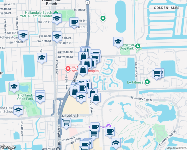map of restaurants, bars, coffee shops, grocery stores, and more near 20935 Northeast 30th Place in Miami