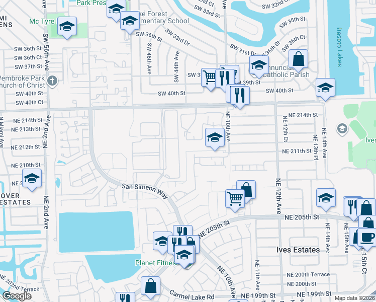 map of restaurants, bars, coffee shops, grocery stores, and more near 20825 Northeast 8th Court in North Miami Beach