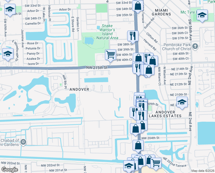 map of restaurants, bars, coffee shops, grocery stores, and more near 455 Northwest 210th Street in Miami