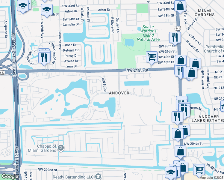 map of restaurants, bars, coffee shops, grocery stores, and more near 820 Northwest 210th Street in Miami