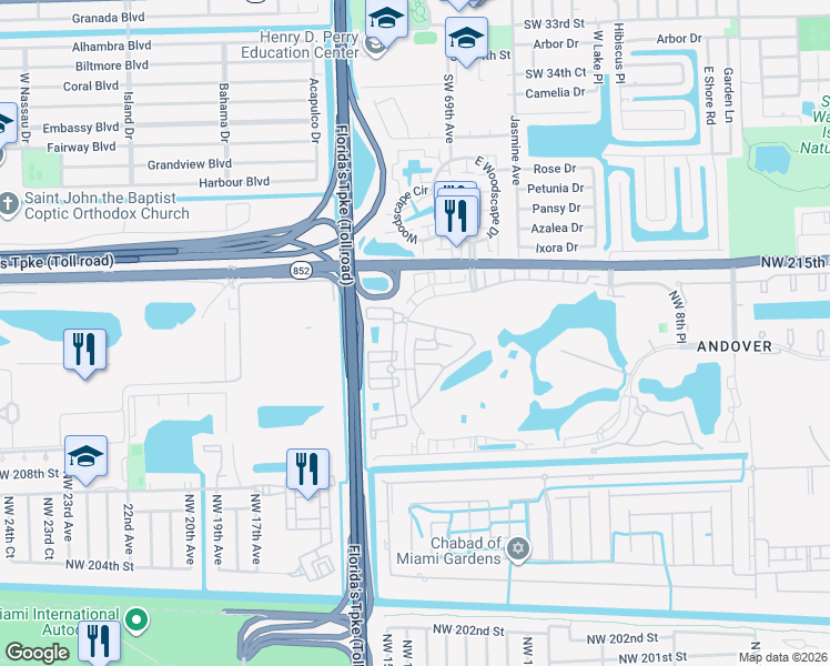 map of restaurants, bars, coffee shops, grocery stores, and more near 21200 Northwest 14th Place in Miami Gardens