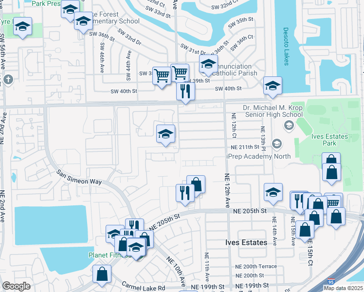 map of restaurants, bars, coffee shops, grocery stores, and more near 1001 Northeast 211th Street in Miami
