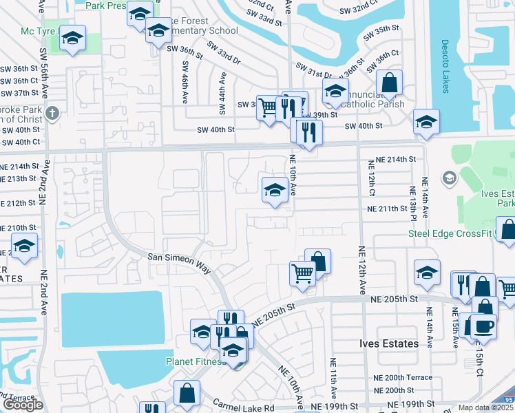 map of restaurants, bars, coffee shops, grocery stores, and more near 20825 Northeast 8th Court in North Miami Beach