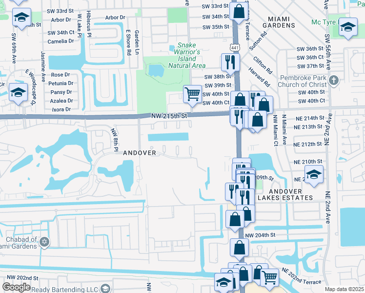 map of restaurants, bars, coffee shops, grocery stores, and more near 455 Northwest 210th Street in Miami