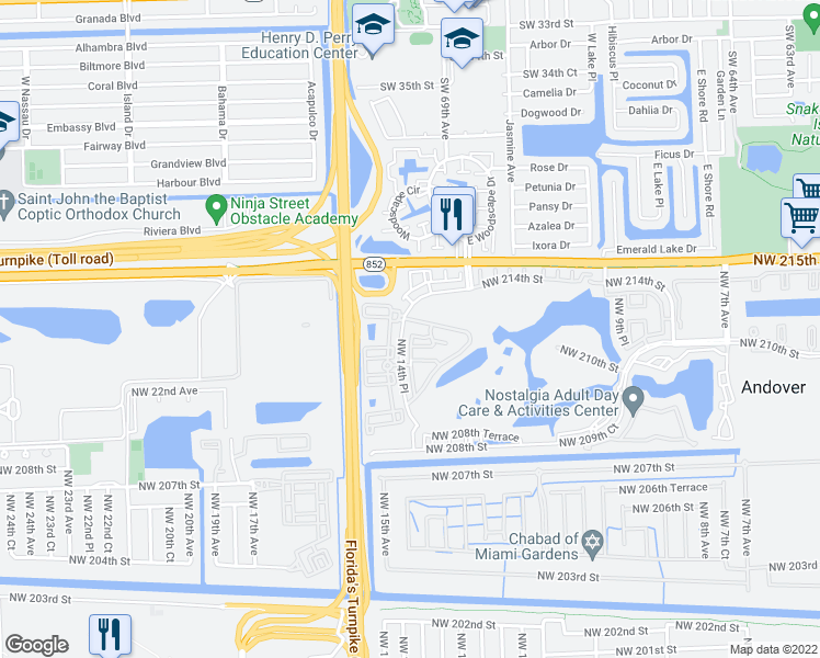 map of restaurants, bars, coffee shops, grocery stores, and more near 21200 Northwest 14th Place in Miami Gardens