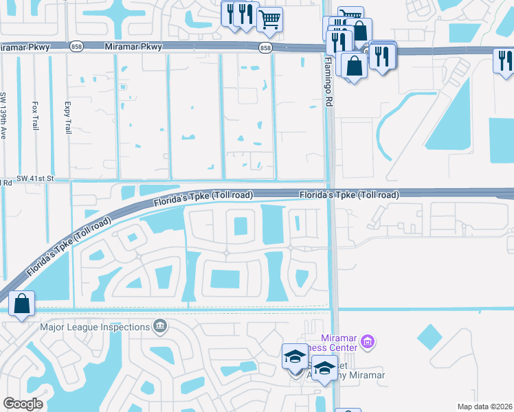 map of restaurants, bars, coffee shops, grocery stores, and more near 4252 Southwest 126th Avenue in Miramar