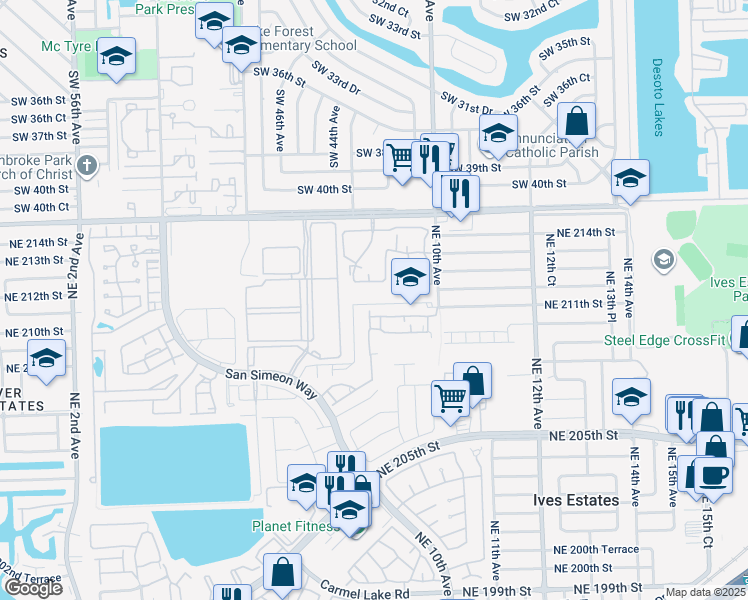 map of restaurants, bars, coffee shops, grocery stores, and more near 20825 Northeast 8th Court in North Miami Beach