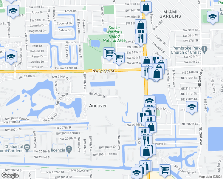 map of restaurants, bars, coffee shops, grocery stores, and more near 455 Northwest 210th Street in Miami