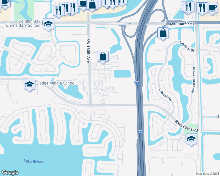 map of restaurants, bars, coffee shops, grocery stores, and more near 4435 Southwest 160th Avenue in Miramar