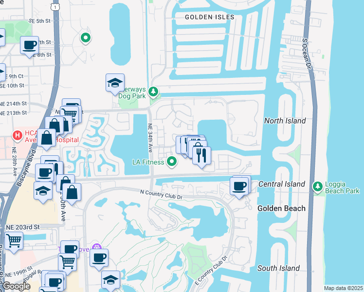 map of restaurants, bars, coffee shops, grocery stores, and more near 20945 Bay Court in Miami