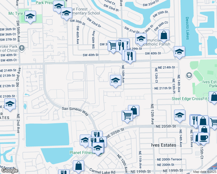 map of restaurants, bars, coffee shops, grocery stores, and more near 20825 Northeast 8th Court in North Miami Beach