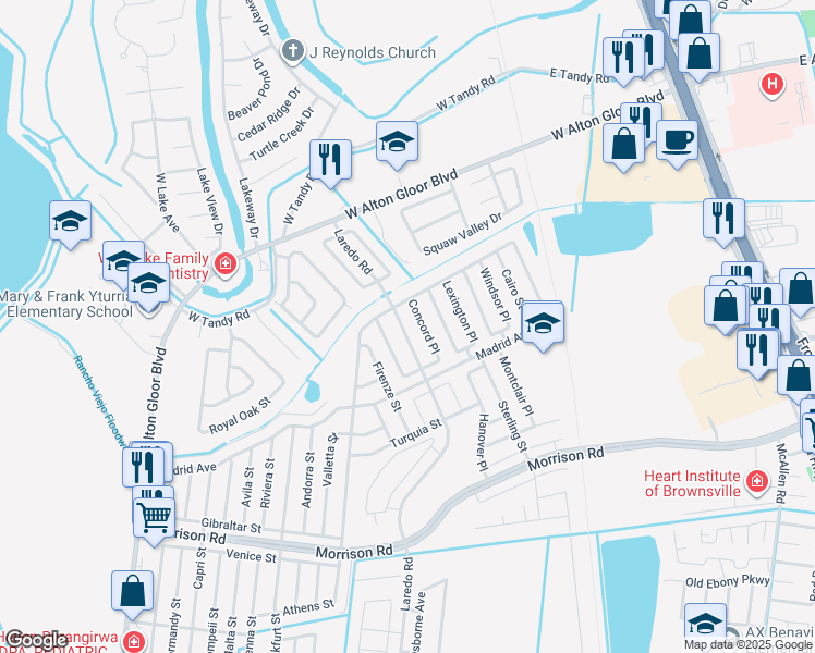 map of restaurants, bars, coffee shops, grocery stores, and more near 4056 Laredo Rd in Brownsville