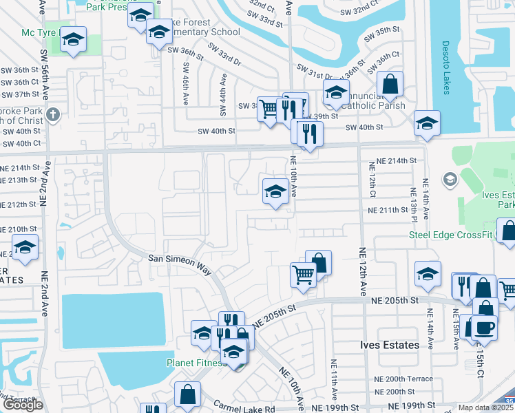 map of restaurants, bars, coffee shops, grocery stores, and more near 20825 Northeast 8th Court in North Miami Beach