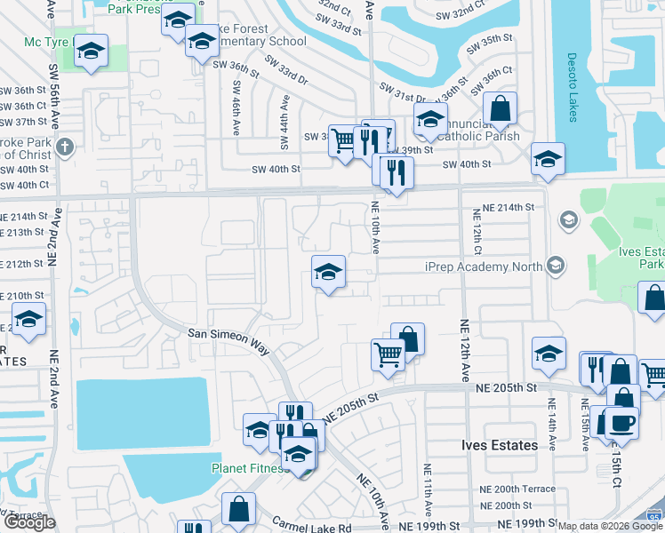 map of restaurants, bars, coffee shops, grocery stores, and more near 20825 Northeast 8th Court in North Miami Beach