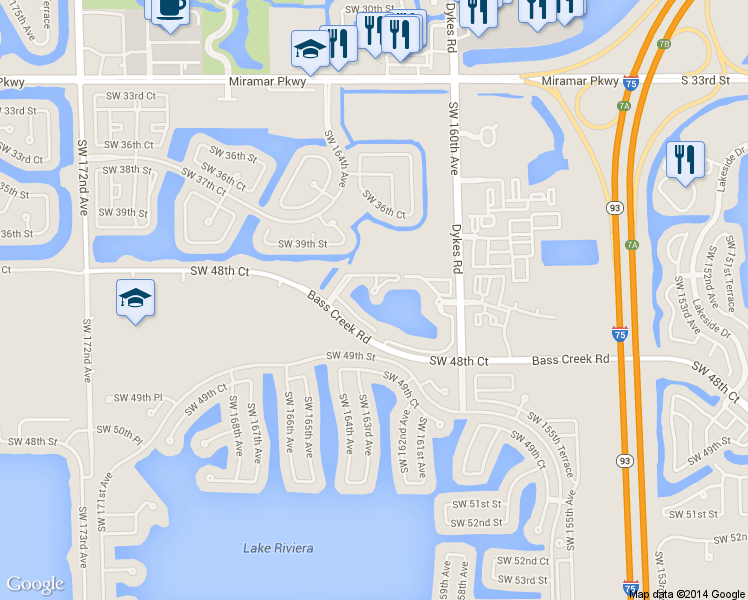 map of restaurants, bars, coffee shops, grocery stores, and more near 16290 Southwest 47th Manor in Miramar