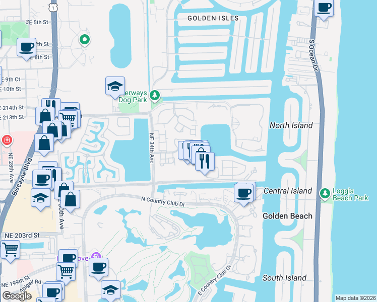 map of restaurants, bars, coffee shops, grocery stores, and more near 3599 Northeast 207th Street in Aventura