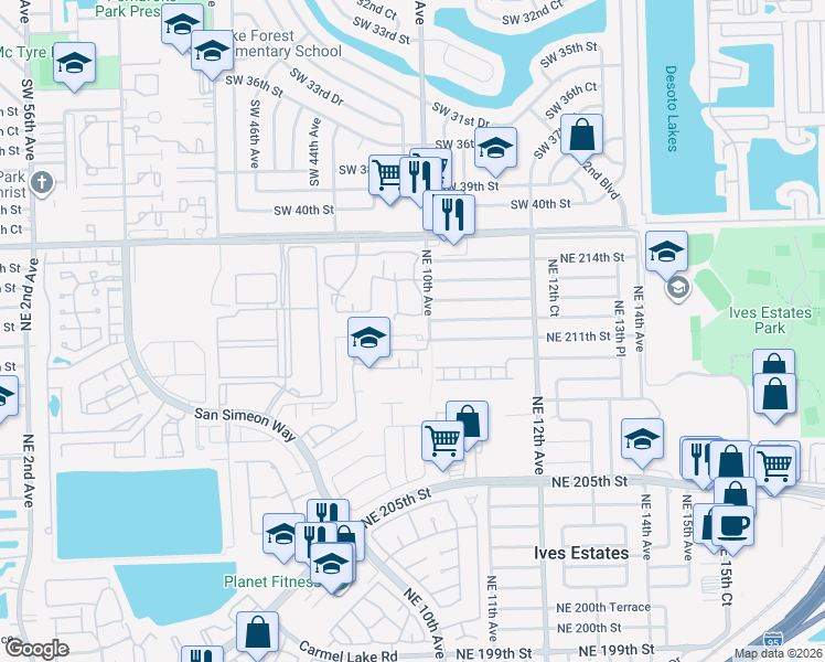 map of restaurants, bars, coffee shops, grocery stores, and more near 842 Northeast 209th Street in North Miami Beach