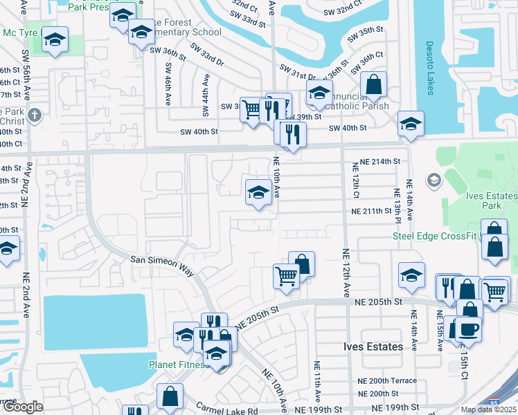 map of restaurants, bars, coffee shops, grocery stores, and more near 842 Northeast 209th Street in North Miami Beach