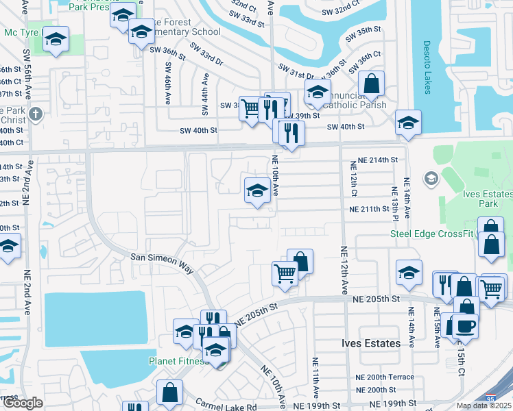 map of restaurants, bars, coffee shops, grocery stores, and more near 842 Northeast 209th Street in North Miami Beach