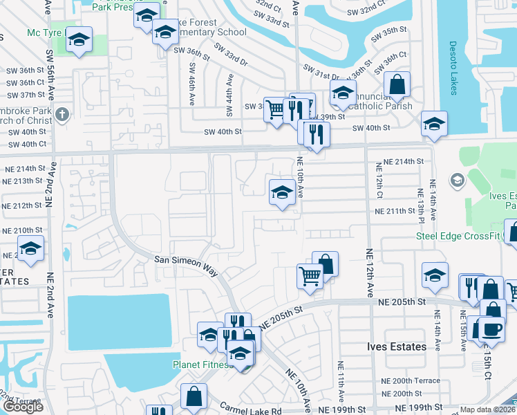 map of restaurants, bars, coffee shops, grocery stores, and more near 20825 Northeast 8th Court in North Miami Beach