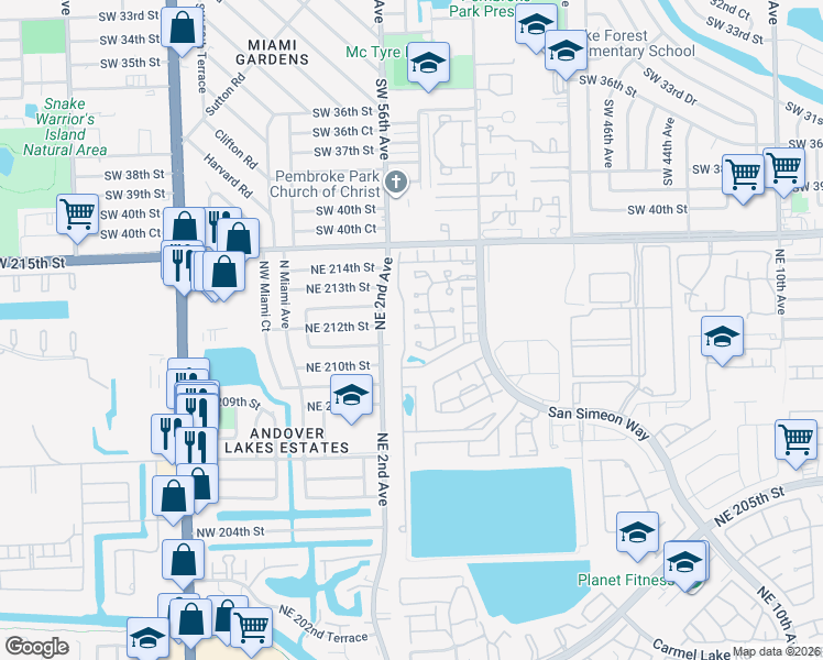 map of restaurants, bars, coffee shops, grocery stores, and more near 211 Northeast 211th Street in North Miami Beach