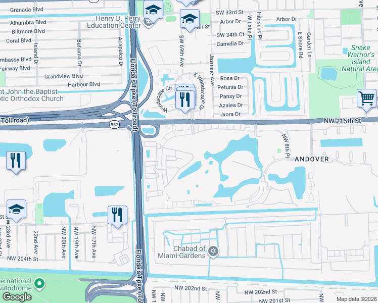 map of restaurants, bars, coffee shops, grocery stores, and more near 21137 Northwest 14th Place in Miami