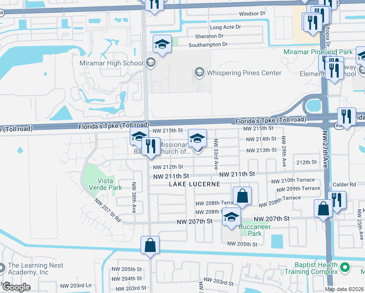 map of restaurants, bars, coffee shops, grocery stores, and more near 3421 Northwest 213th Street in Miami Gardens
