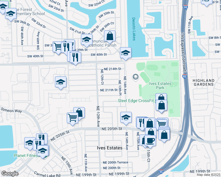 map of restaurants, bars, coffee shops, grocery stores, and more near 1281 Northeast 210th Terrace in Miami