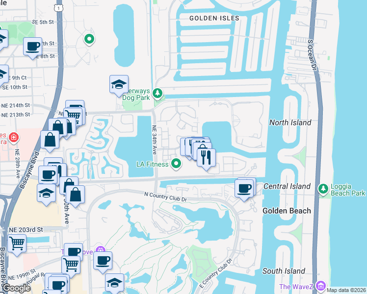 map of restaurants, bars, coffee shops, grocery stores, and more near 20945 Bay Court in Miami
