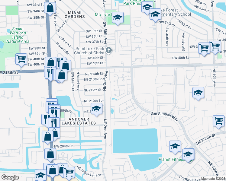 map of restaurants, bars, coffee shops, grocery stores, and more near 211 Northeast 211th Street in North Miami Beach