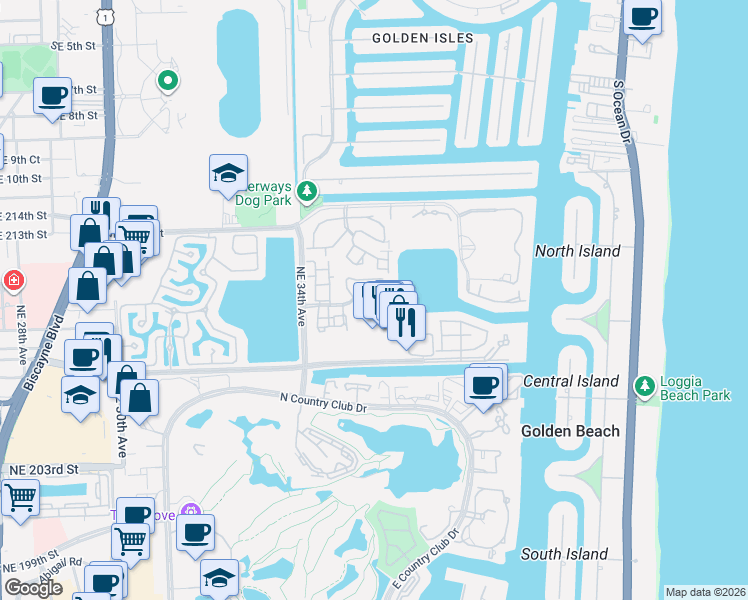 map of restaurants, bars, coffee shops, grocery stores, and more near 3599 Northeast 207th Street in Aventura