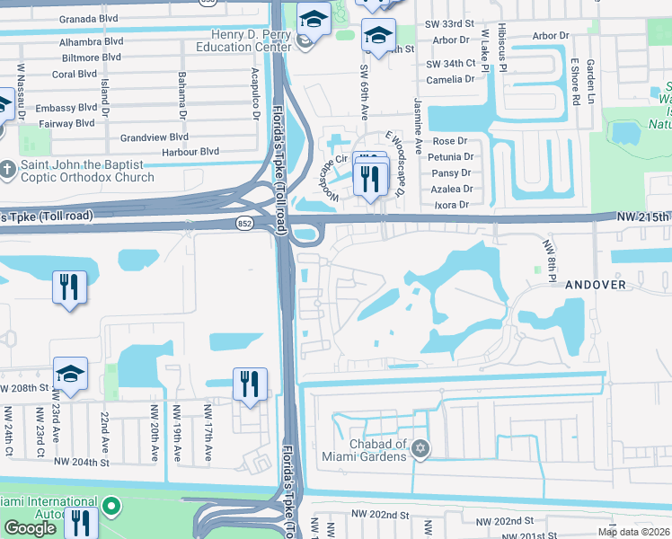 map of restaurants, bars, coffee shops, grocery stores, and more near 21200 Northwest 14th Place in Miami Gardens