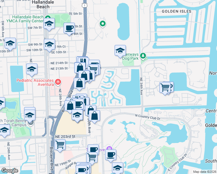 map of restaurants, bars, coffee shops, grocery stores, and more near 3130 Northeast 210th Street in Aventura