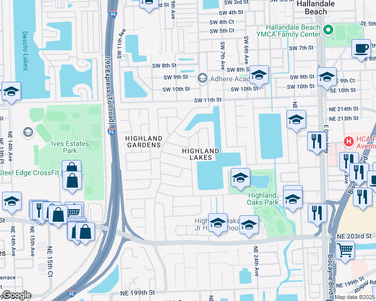 map of restaurants, bars, coffee shops, grocery stores, and more near 2120 Northeast 211th Terrace in Miami