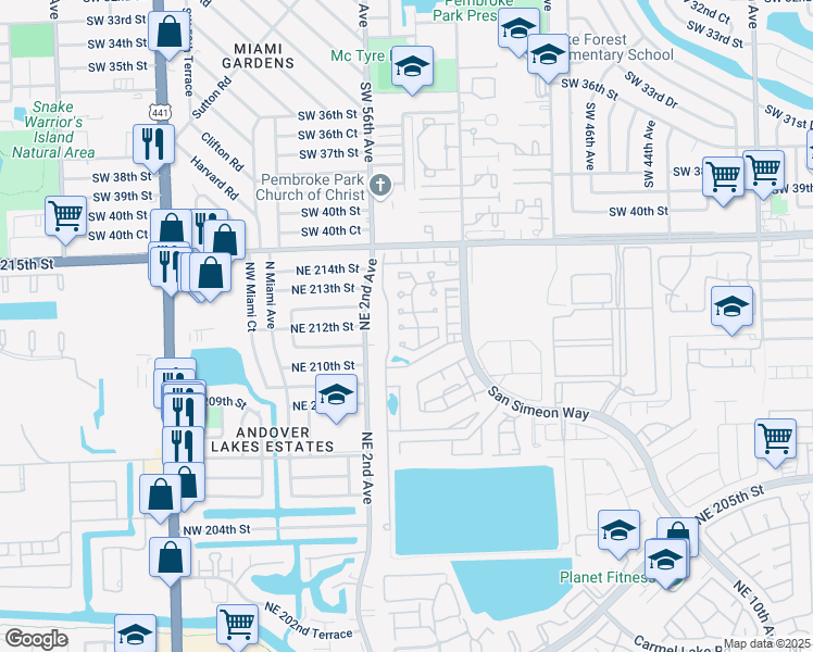 map of restaurants, bars, coffee shops, grocery stores, and more near 321 Northeast 212th Street in Miami