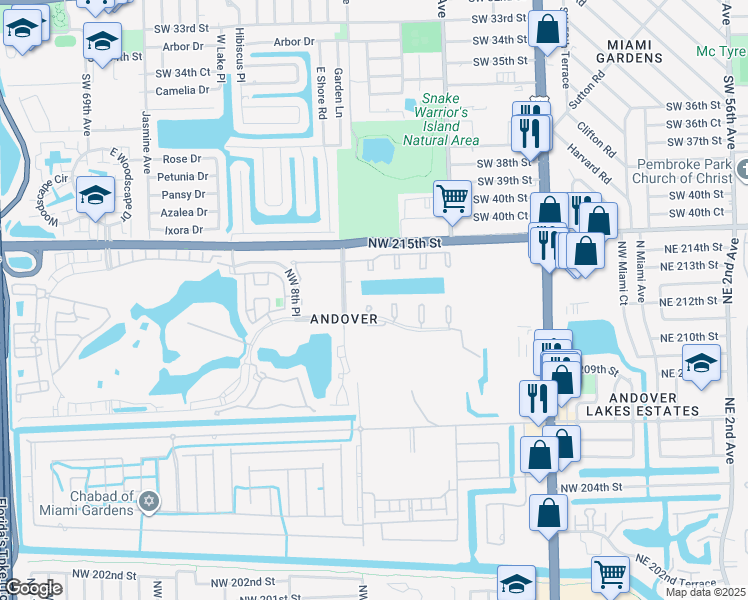 map of restaurants, bars, coffee shops, grocery stores, and more near 620 Northwest 214th Street in Miami