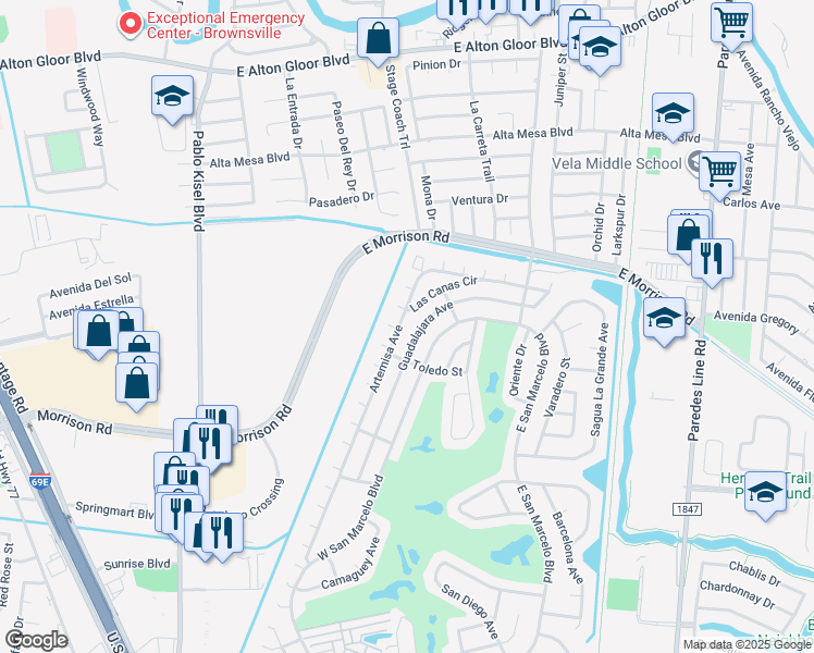 map of restaurants, bars, coffee shops, grocery stores, and more near 4 Yucatan Court in Brownsville