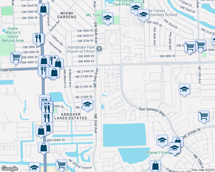 map of restaurants, bars, coffee shops, grocery stores, and more near 321 Northeast 212th Street in Miami