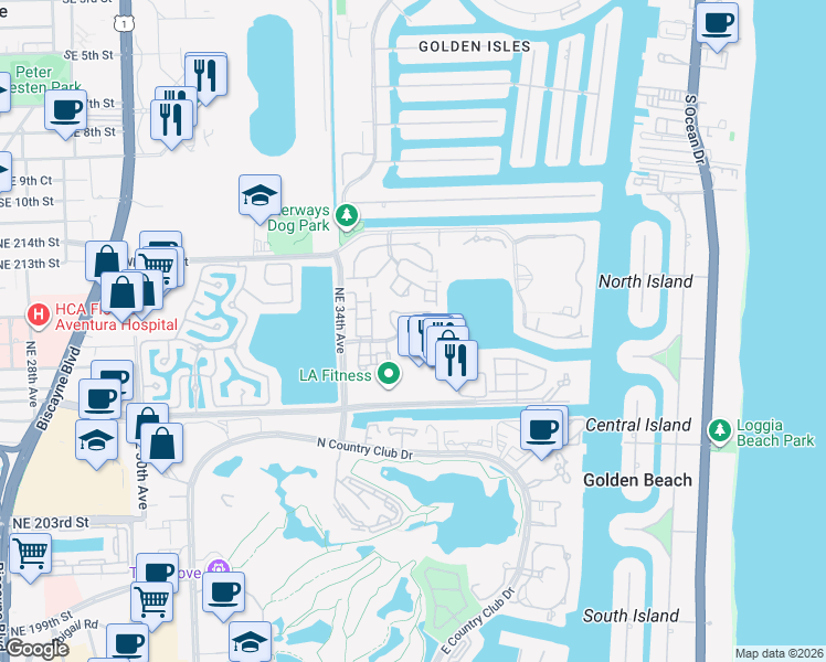 map of restaurants, bars, coffee shops, grocery stores, and more near 3530 Magellan Circle in Miami