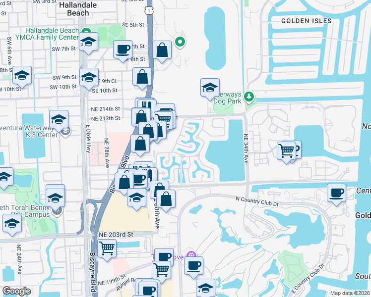 map of restaurants, bars, coffee shops, grocery stores, and more near 3130 Northeast 211 Street in Aventura