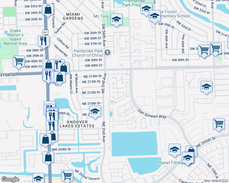 map of restaurants, bars, coffee shops, grocery stores, and more near 321 Northeast 212th Street in Miami