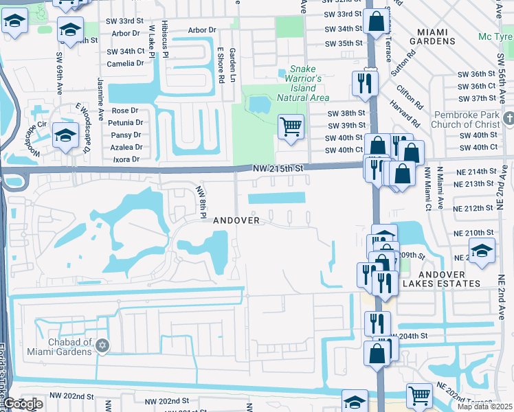 map of restaurants, bars, coffee shops, grocery stores, and more near 620 Northwest 214th Street in Miami