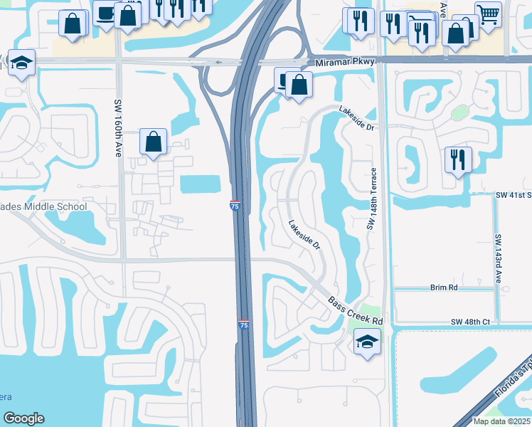 map of restaurants, bars, coffee shops, grocery stores, and more near 4080 Southwest 153rd Avenue in Miramar
